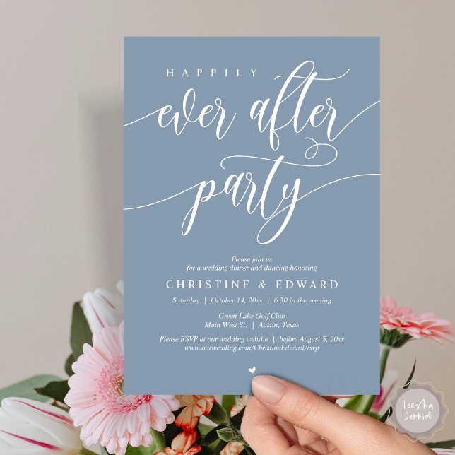 Invitation Joyeux Après La Fête, Dîner Mariage Elopement (Happily Ever After Party, Modern Wedding Elopement Dinner Invitation Card, PDF, in Dusty Blue)