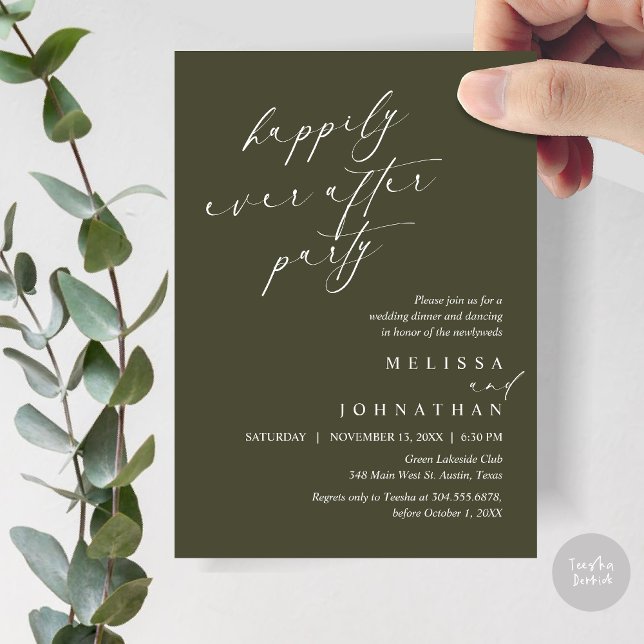 Invitation Joyeux Après La Fête, Dîner Mariage Elopement (Happily Ever After Party, Wedding Elopement Dinner Invitation Card, PDF, in Olive Green)