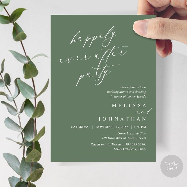 Invitation Joyeux Après La Fête, Dîner Mariage Elopement (Happily Ever After Party, Wedding Elopement Dinner Invitation Card, PDF, in Forest Sage Green)