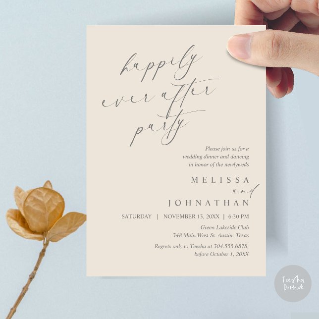 Invitation Joyeux Après La Fête, Dîner Mariage Elopement (Happily Ever After Party, Wedding Elopement Dinner Invitation Card, PDF, in Cream and Grey)