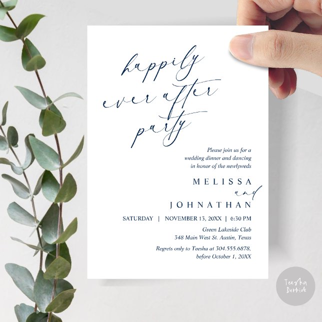 Invitation Joyeux Après La Fête, Dîner Mariage Elopement (Happily Ever After Party, Wedding Elopement Dinner Invitation Card, PDF, in Navy Blue)