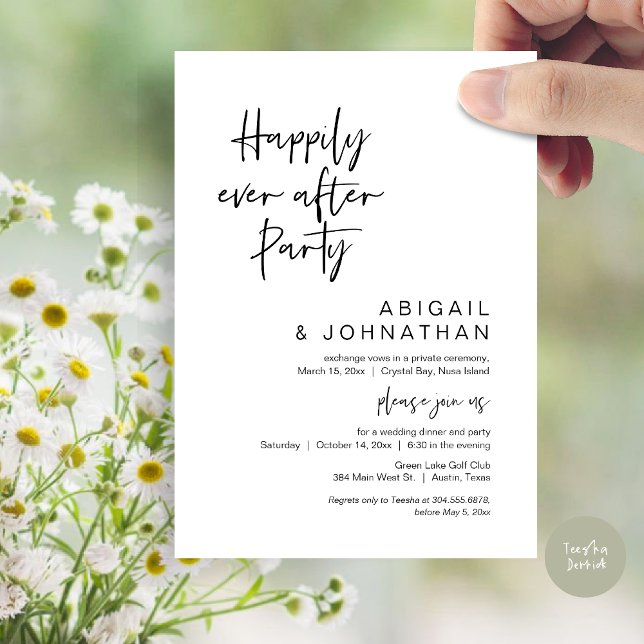 Invitation Joyeux Après La Fête, Dîner Mariage Elopement (Happily Ever After Party, Modern Wedding Elopement Dinner Invitation Card, PDF, in Black and White)