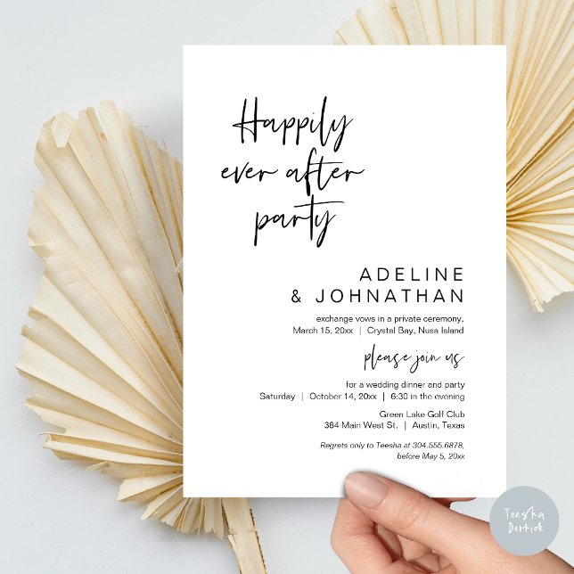 Invitation Joyeux Après La Fête, Dîner Mariage Elopement (Happily Ever After Party, Modern Wedding Elopement Dinner Invitation Card, PDF, in Black and White)