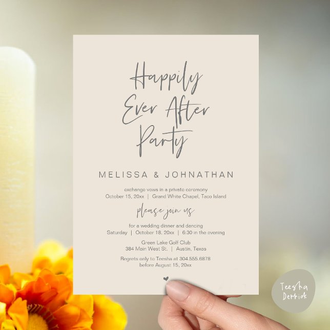 Invitation Joyeux Après La Fête, Dîner Mariage Elopement (Happily Ever After Party, Wedding Elopement Dinner Brunch Lunch Invitation Card, PDF, Cream Grey)