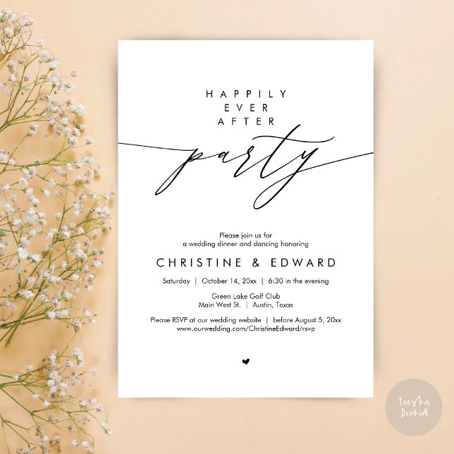 Invitation Joyeux Après La Fête, Dîner Mariage Moderne (Happily Ever After Party, Modern Minimalist Wedding Dinner Invitation Card, PDF, Black and White)