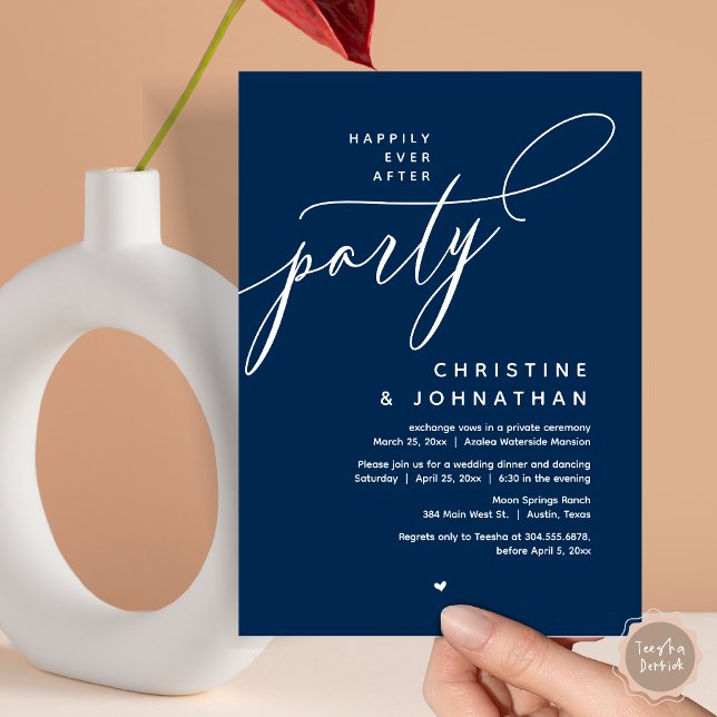 Invitation Joyeux Après La Fête, Dîner Mariage Moderne (Romantic Happily Ever After Party, Modern Wedding Dinner Invitation Card, PDF, Classy Navy Blue)
