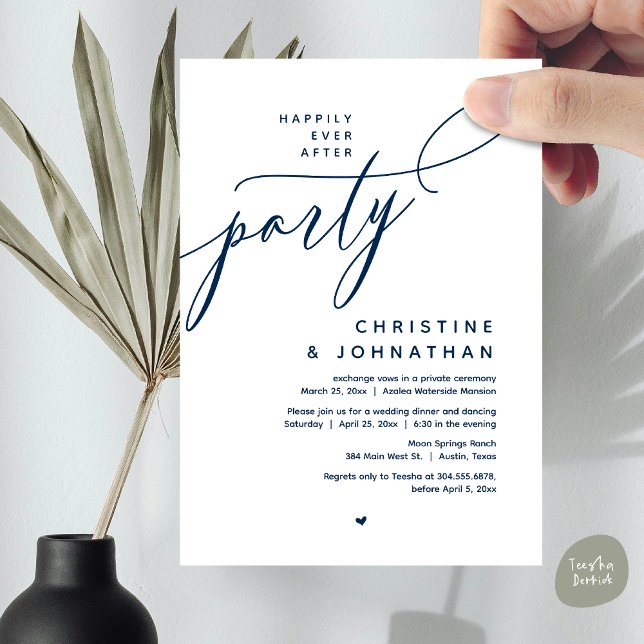 Invitation Joyeux Après La Fête, Dîner Mariage Moderne (Romantic Happily Ever After Party, Modern Wedding Dinner Invitation Card, PDF, Classy Navy Blue)