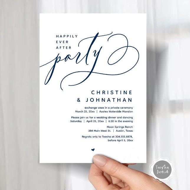 Invitation Joyeux Après La Fête, Dîner Mariage Moderne (Romantic Happily Ever After Party, Modern Wedding Dinner Invitation Card, PDF, Classy Navy Blue)