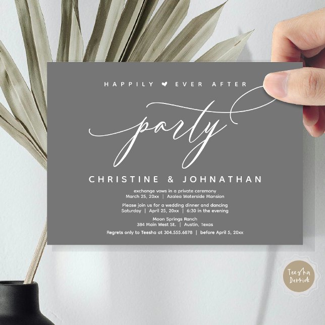 Invitation Joyeux Après La Fête, Dîner Mariage Moderne (Happily Ever After Party, Modern Wedding Dinner Invitation Card, Modern Romantic, PDF, Dark Grey)