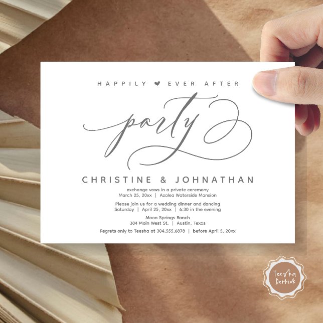 Invitation Joyeux Après La Fête, Dîner Mariage Moderne (Happily Ever After Party, Modern Wedding Dinner Invitation Card, Modern Romantic, PDF, Dark Grey)