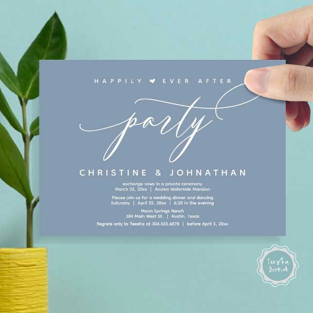 Invitation Joyeux Après La Fête, Dîner Mariage Moderne (Happily Ever After Party, Modern Wedding Dinner Invitation Card, Modern Romantic, PDF, Dusty Blue)