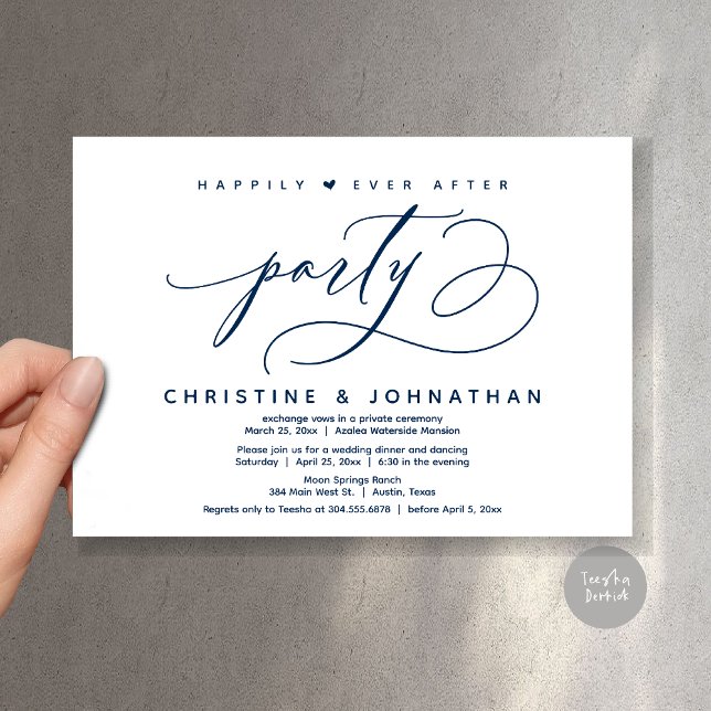 Invitation Joyeux Après La Fête, Dîner Mariage Moderne (Happily Ever After Party, Modern Wedding Dinner Invitation Card, Modern Romantic, PDF, Navy Blue)