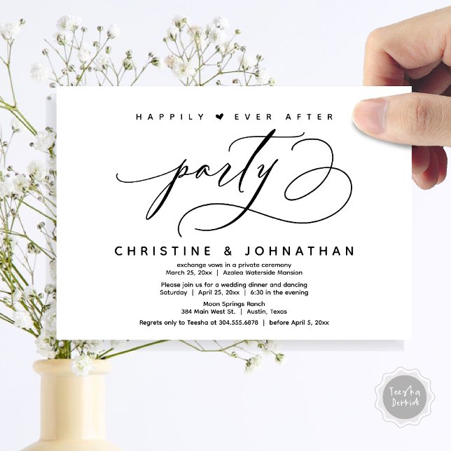Invitation Joyeux Après La Fête, Dîner Mariage Moderne (Happily Ever After Party, Modern Wedding Dinner Invitation Card, Modern Romantic, PDF, Black White)