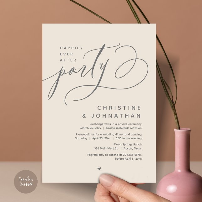 Invitation Joyeux Après La Fête, Dîner Mariage Moderne (Romantic Happily Ever After Party, Modern Wedding Dinner Invitation Card, PDF, Cream Grey)