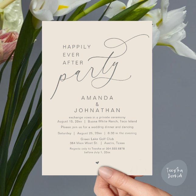 Invitation Joyeux Après La Fête, Dîner Mariage Romantique (Happily Ever After Party, Modern Romantic Wedding Dinner Invitation Card, PDF, Cream Grey)