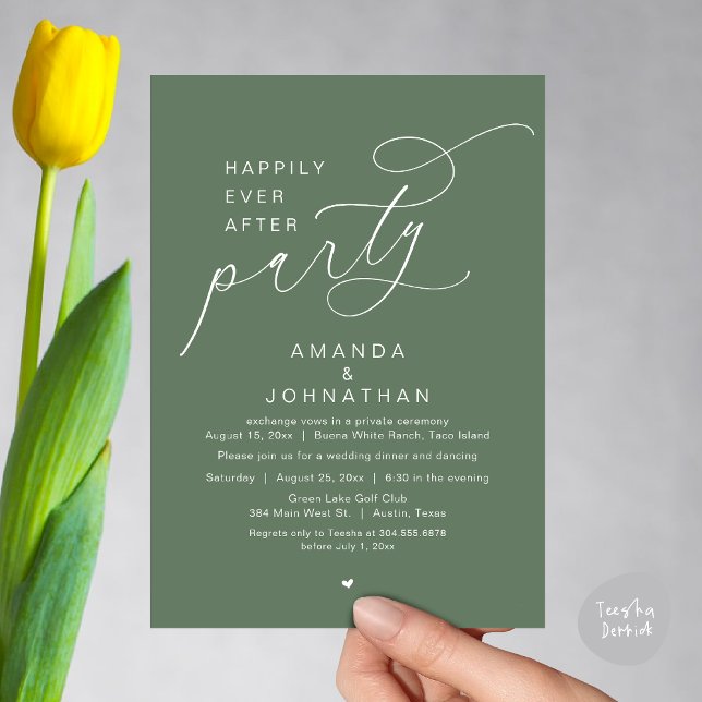 Invitation Joyeux Après La Fête, Dîner Mariage Romantique (Happily Ever After Party, Modern Romantic Wedding Dinner Invitation Card, PDF, Greenery Sage Green)
