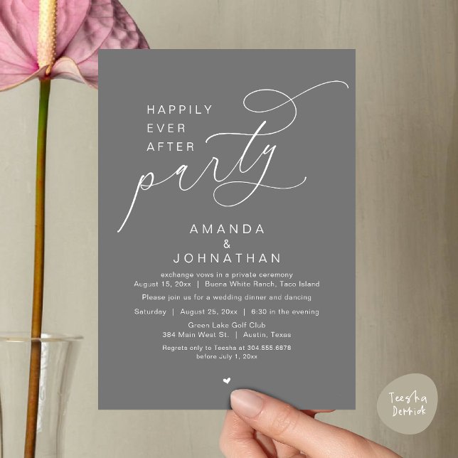 Invitation Joyeux Après La Fête, Dîner Mariage Romantique (Happily Ever After Party, Modern Romantic Wedding Dinner Invitation Card, PDF, Dark Grey)