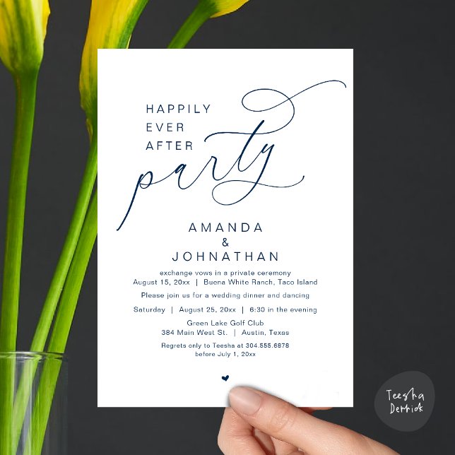 Invitation Joyeux Après La Fête, Dîner Mariage Romantique (Happily Ever After Party, Modern Romantic Wedding Dinner Invitation Card, PDF, Navy Blue)
