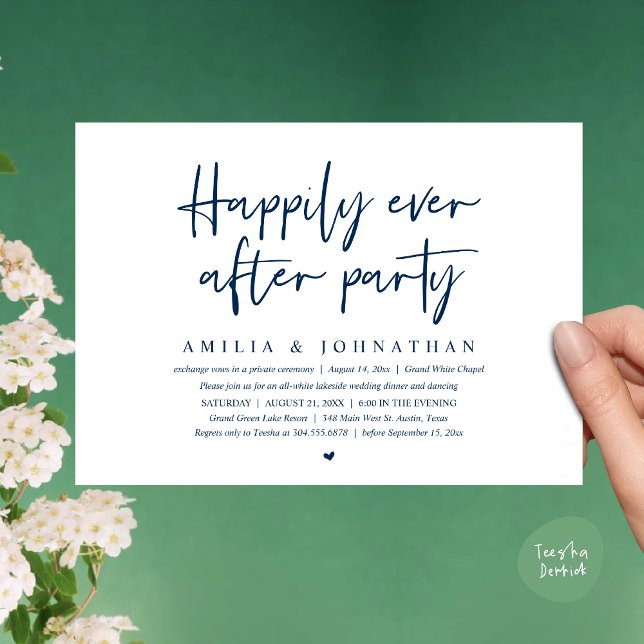 Invitation Joyeux Après La Fête, Dîner Mariage Romantique (Happily Ever After Party, After the wedding celebration Romantic Dinner Invites Card PDF Navy Blue)