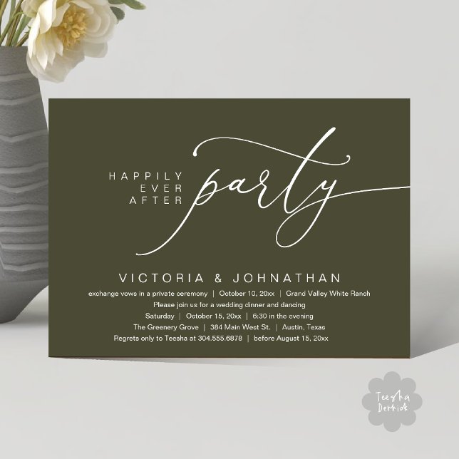 Invitation Joyeux Après La Fête, Dîner Mariage Romantique (Happily Ever After Party, Romantic Wedding Dinner Invitation Card PDF aesthetic Rustic Sage Green)