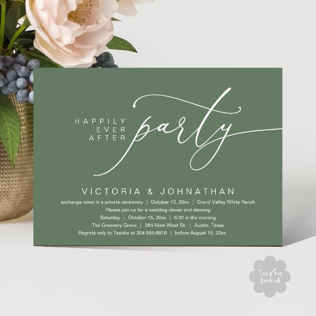 Invitation Joyeux Après La Fête, Dîner Mariage Romantique (Happily Ever After Party, Romantic Wedding Dinner Invitation Card PDF aesthetic Rustic Sage Green)