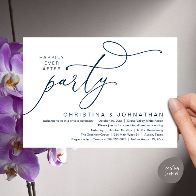 Invitation Joyeux Après La Fête, Dîner Mariage Romantique (Happily Ever After Party, Romantic Modern Elopement Dinner Dancing Invites Card PDF Navy Blue)