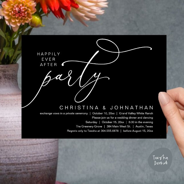 Invitation Joyeux Après La Fête, Dîner Mariage Romantique (Happily Ever After Party, Romantic Modern Elopement Dinner Dancing Invites Card PDF Classy Black)