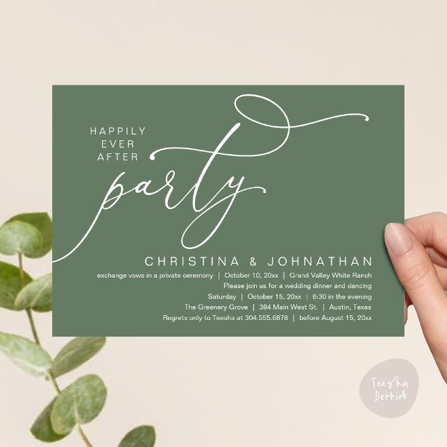 Invitation Joyeux Après La Fête, Dîner Mariage Romantique (Happily Ever After Party, Romantic Modern Elopement Dinner Dancing Invites Card PDF Sage Green)