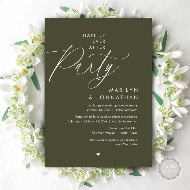 Invitation Joyeux Après La Fête, Dîner Mariage Romantique (Happily Ever After Party, Modern Romantic Wedding Dinner Invitation Card, PDF, in Olive Green)