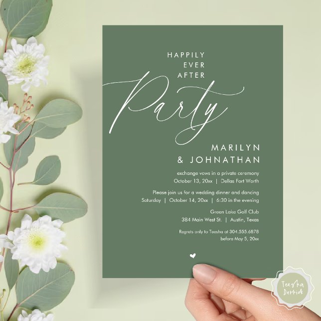 Invitation Joyeux Après La Fête, Dîner Mariage Romantique (Happily Ever After Party, Modern Romantic Wedding Dinner Invitation Card, PDF, in Forest Sage Green)