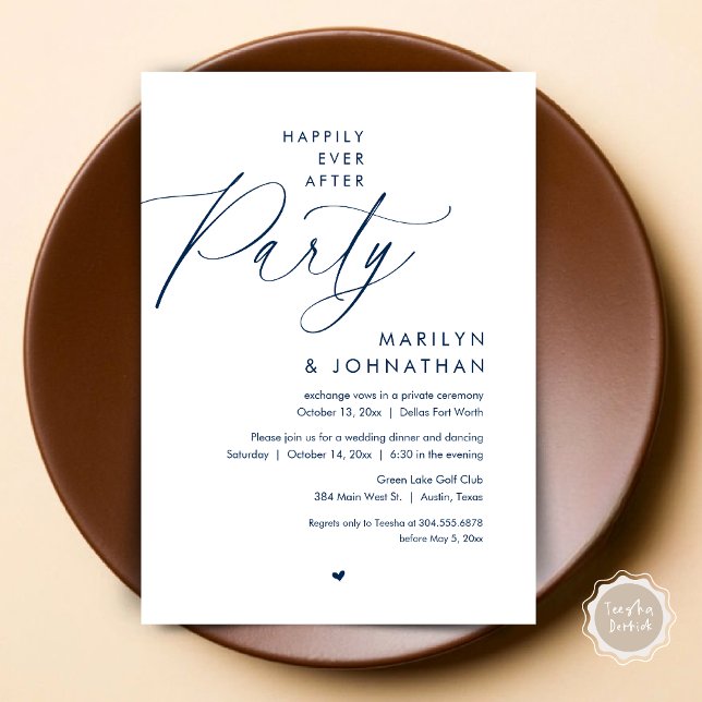 Invitation Joyeux Après La Fête, Dîner Mariage Romantique (Happily Ever After Party, Modern Romantic Wedding Dinner Invitation Card, PDF, in Navy Blue)