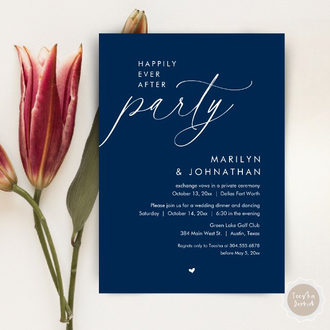 Invitation Joyeux Après La Fête, Dîner Mariage Romantique (Happily Ever After Party, Modern Romantic Wedding Dinner Invitation Card, PDF, in Navy Blue)