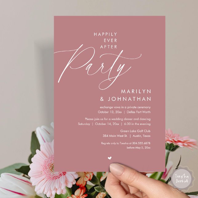 Invitation Joyeux Après La Fête, Dîner Mariage Romantique (Happily Ever After Party, Modern Romantic Wedding Dinner Invitation Card, PDF, in Dusty Rose Pink)