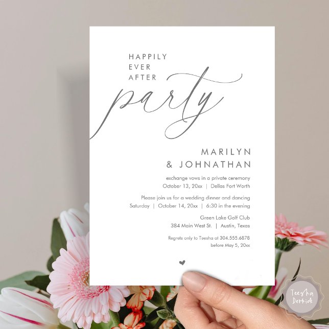 Invitation Joyeux Après La Fête, Dîner Mariage Romantique (Happily Ever After Party, Modern Romantic Wedding Dinner Invitation Card, PDF, in Dark Grey )