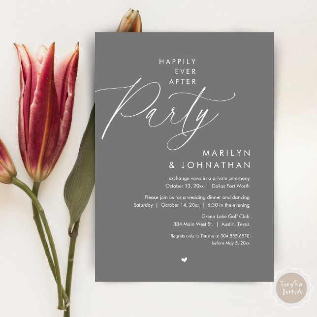 Invitation Joyeux Après La Fête, Dîner Mariage Romantique (Happily Ever After Party, Modern Romantic Wedding Dinner Invitation Card, PDF, in Dark Grey)