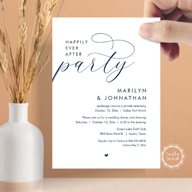 Invitation Joyeux Après La Fête, Dîner Mariage Romantique (Happily Ever After Party, Modern Romantic Wedding Dinner Invitation Card, PDF, in Navy Blue)