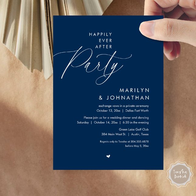 Invitation Joyeux Après La Fête, Dîner Mariage Romantique (Happily Ever After Party, Modern Romantic Wedding Dinner Invitation Card, PDF, in Navy Blue)