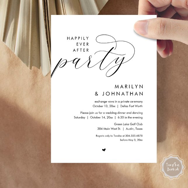 Invitation Joyeux Après La Fête, Dîner Mariage Romantique (Happily Ever After Party, Modern Romantic Wedding Dinner Invitation Card, PDF, in Black and White)
