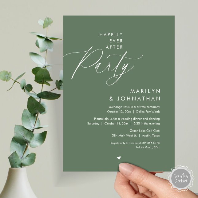Invitation Joyeux Après La Fête, Dîner Mariage Romantique (Happily Ever After Party, Modern Romantic Wedding Dinner Invitation Card, PDF, in Forest Sage Green)