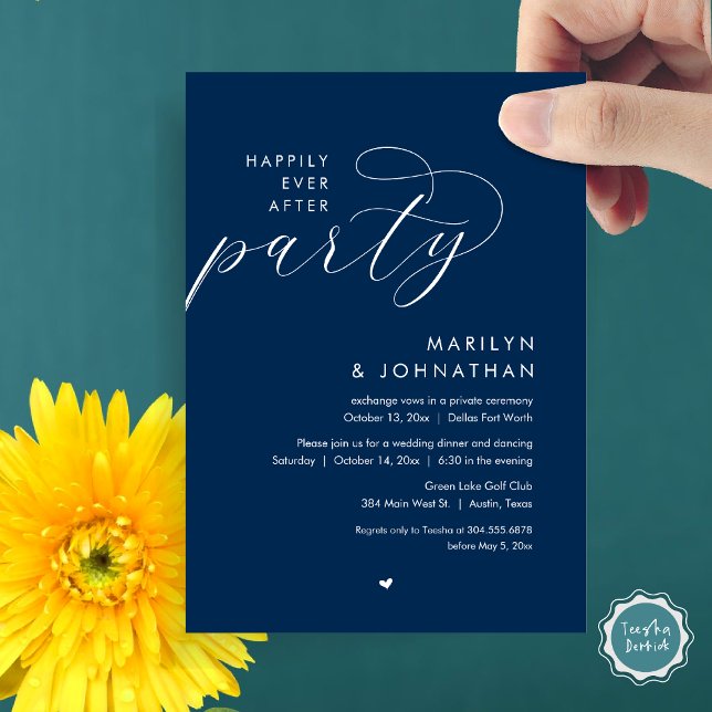 Invitation Joyeux Après La Fête, Dîner Mariage Romantique (Happily Ever After Party, Modern Romantic Wedding Dinner Invitation Card, PDF, in Navy Blue)