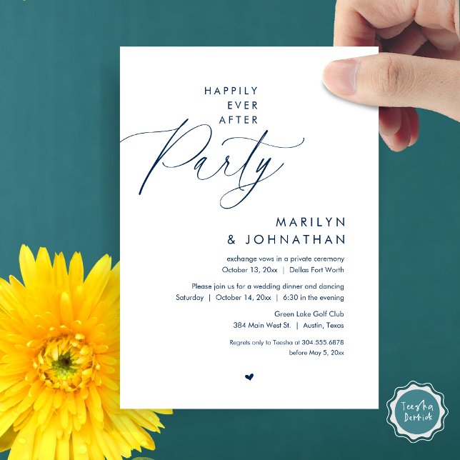 Invitation Joyeux Après La Fête, Dîner Mariage Romantique (Happily Ever After Party, Modern Romantic Wedding Dinner Invitation Card, PDF, in Navy Blue)