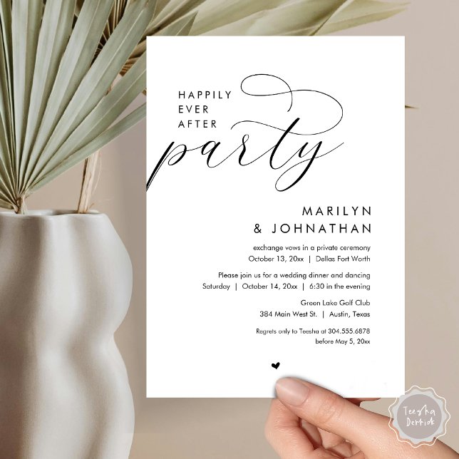 Invitation Joyeux Après La Fête, Dîner Mariage Romantique (Happily Ever After Party, Modern Romantic Wedding Dinner Invitation Card, PDF, in Black and White)