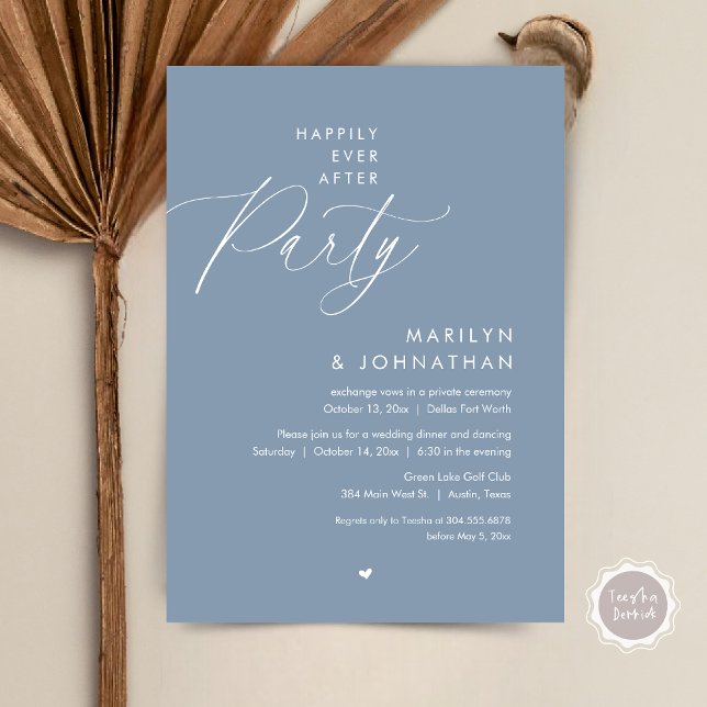 Invitation Joyeux Après La Fête, Dîner Mariage Romantique (Happily Ever After Party, Modern Romantic Wedding Dinner Invitation Card, PDF, in Dusty Blue)