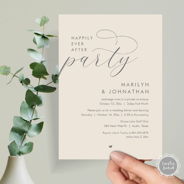 Invitation Joyeux Après La Fête, Dîner Mariage Romantique (Happily Ever After Party, Modern Romantic Wedding Dinner Invitation Card, PDF, in Dark Grey Cream)