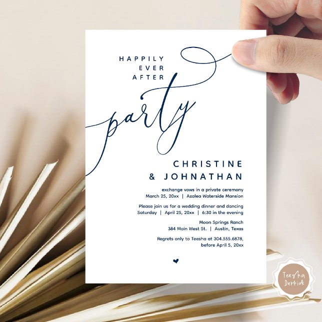 Invitation Joyeux Après La Fête, Dîner Mariage Romantique (Romantic Happily Ever After Party, Modern Wedding Dinner Invitation Card, PDF, Classy Navy Blue)