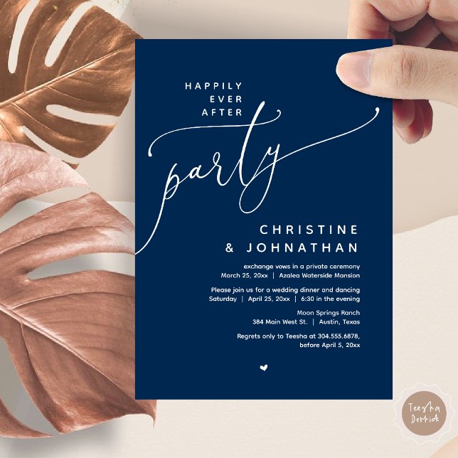 Invitation Joyeux Après La Fête, Dîner Mariage Romantique (Romantic Happily Ever After Party, Modern Wedding Dinner Invitation Card, PDF, Classy Navy Blue)