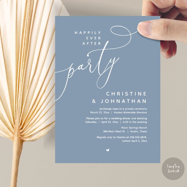 Invitation Joyeux Après La Fête, Dîner Mariage Romantique (Romantic Happily Ever After Party, Modern Wedding Dinner Invitation Card, PDF, Dusty Blue)