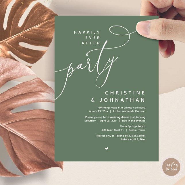 Invitation Joyeux Après La Fête, Dîner Mariage Romantique (Romantic Happily Ever After Party, Modern Wedding Dinner Invitation Card, PDF, Forest Sage Green)