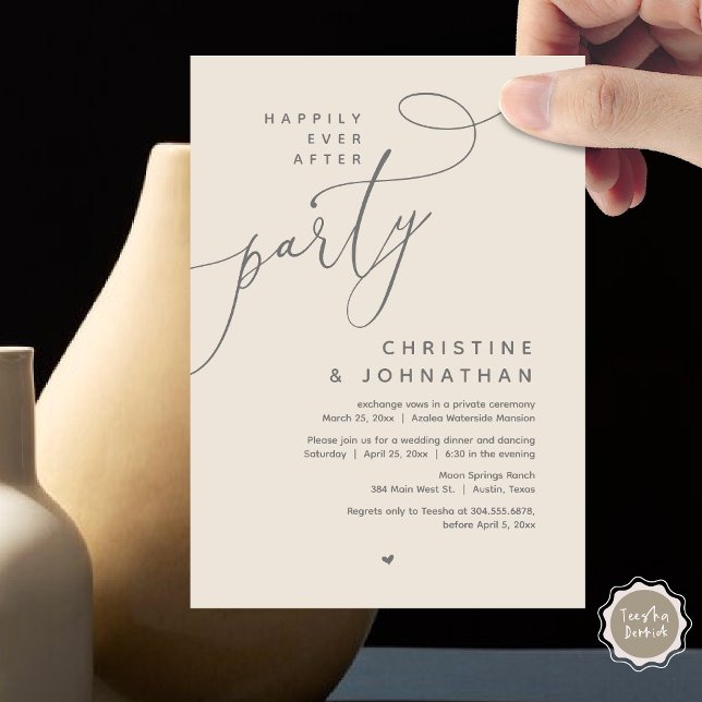 Invitation Joyeux Après La Fête, Dîner Mariage Romantique (Romantic Happily Ever After Party, Modern Wedding Dinner Invitation Card, PDF, Cream Grey)