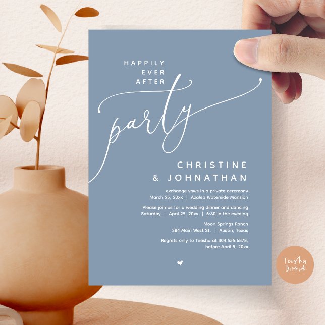 Invitation Joyeux Après La Fête, Dîner Mariage Romantique (Romantic Happily Ever After Party, Modern Wedding Dinner Invitation Card, PDF, Dusty Blue)